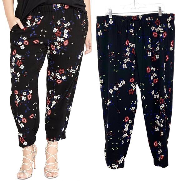 RACHEL Rachel Roy Black Floral Jogger Pants Ankle Cuff Dressy Casual  1X - Picture 1 of 7